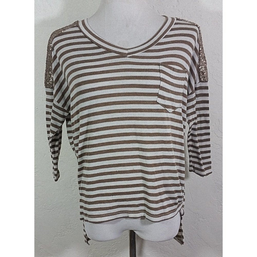 Blu Pepper Top Large Striped Multicolor Sequin Shoulders High Low V Neck